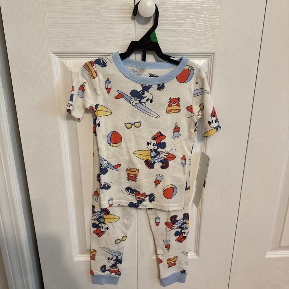 Disney Junior Mickey Minnie Pajamas Red White Blue Sz 5 5T 2 PC Sleep Set NWT